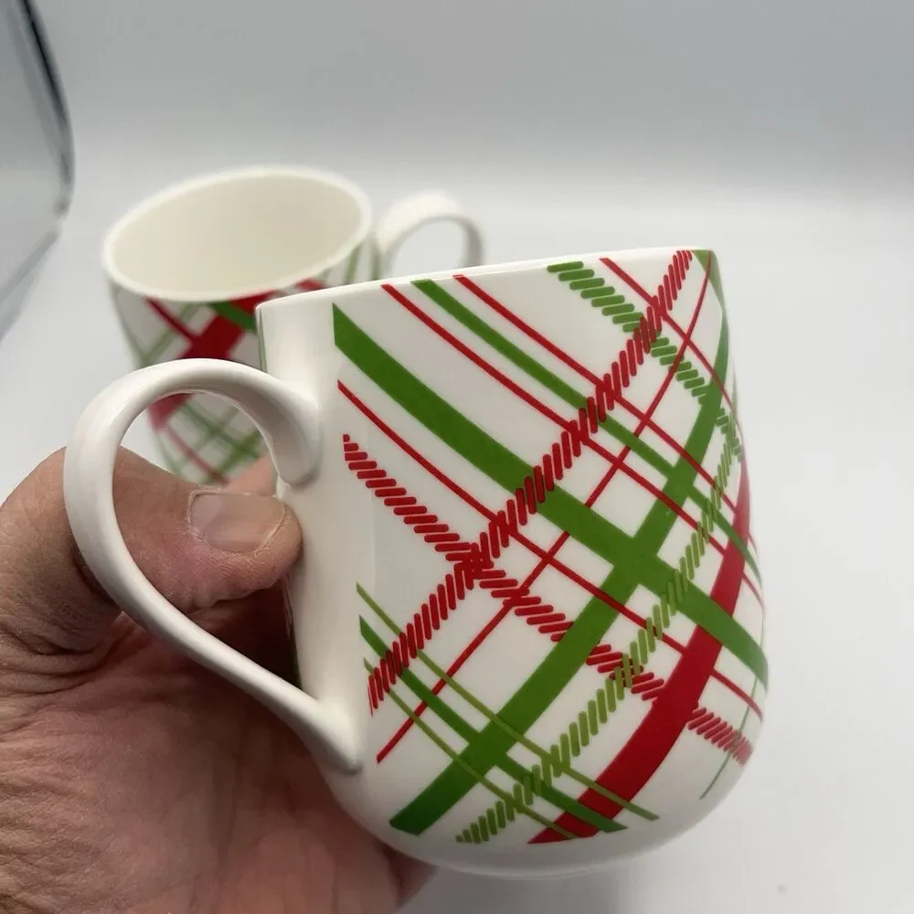 Crate & Barrel Red & Green Plaid Christmas Holiday Cups Mugs ~ Set of 2